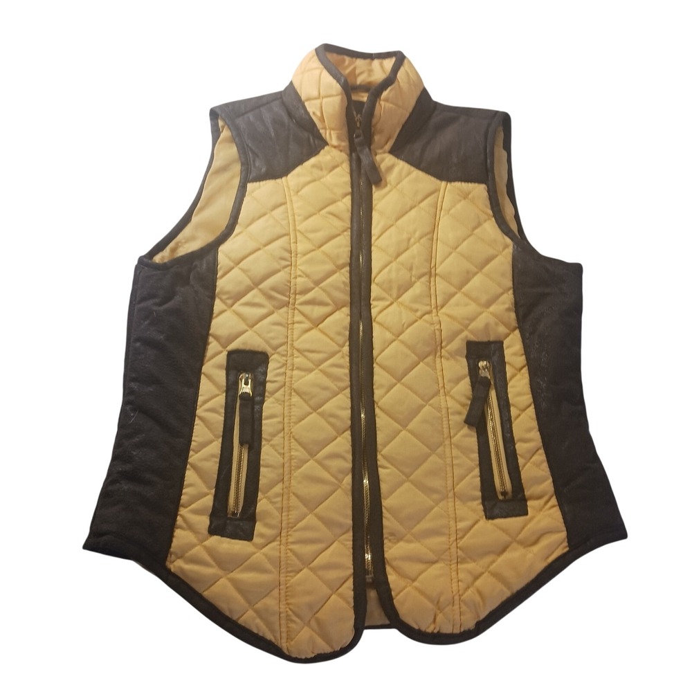 Last Kiss Quilted Puffer Vest 132588W3 Womens Large Yellow Faux‎ Leather Trim